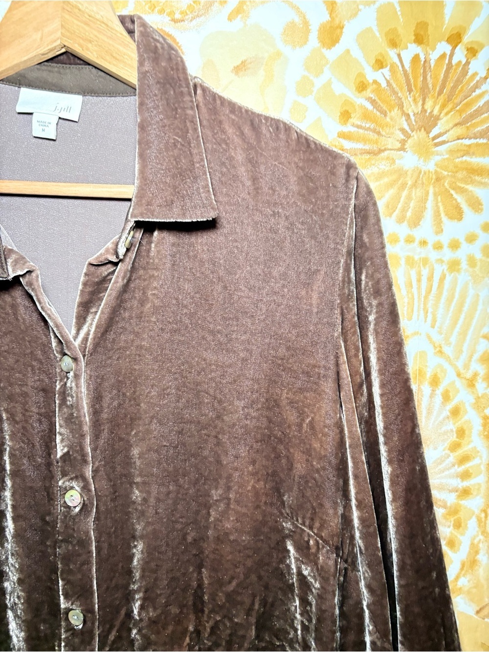 J. Jill Brown Silk Blend Velvet Blouse | Button Front Long Sleeve Peplum Top - Picture 7 of 13
